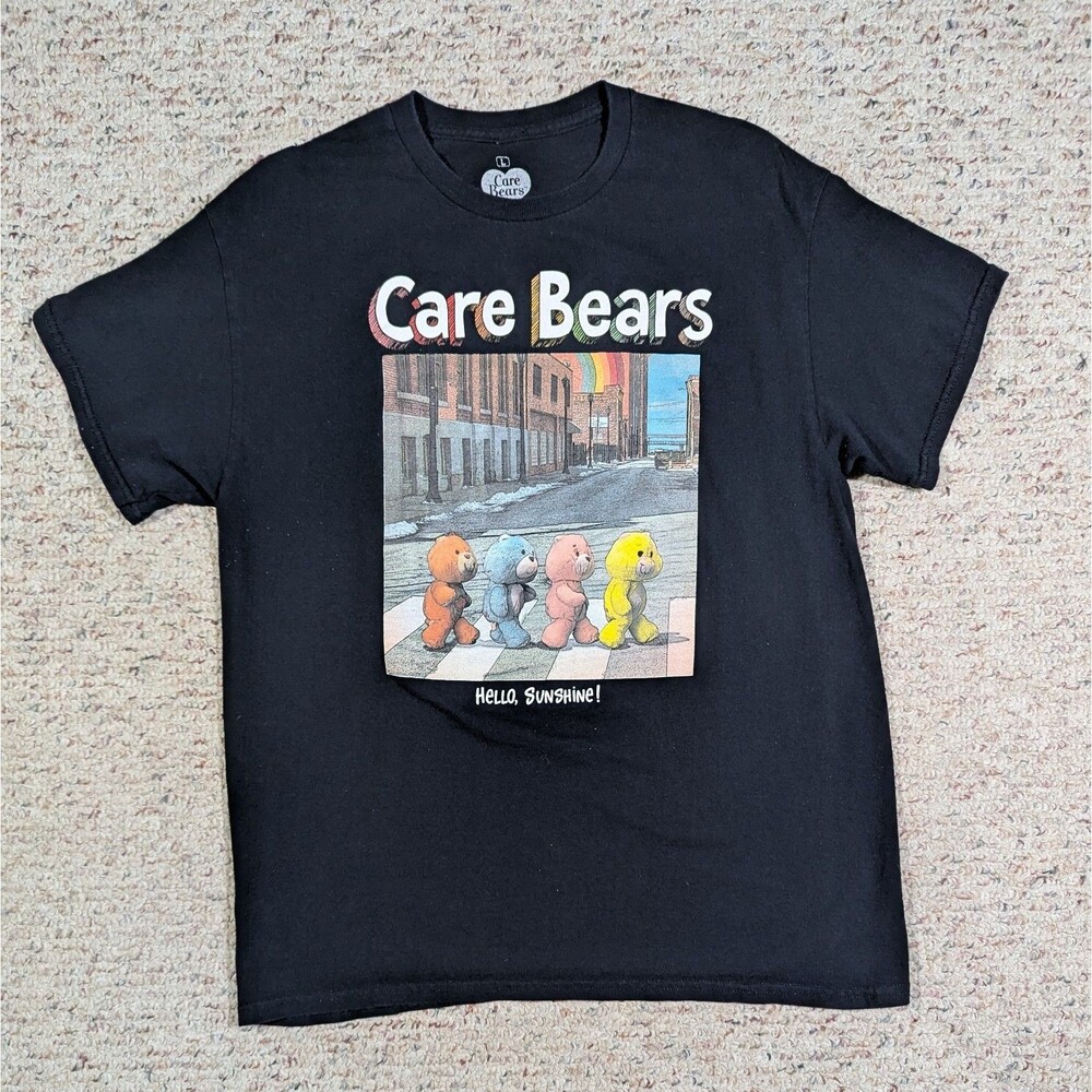 Care Bears Hello Sunshine T-Shirt Mens LARGE Black Beatles Abbey Road Homage